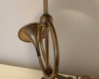 B44 - $75. Vintage Brass Fox Hunting Horn Lamp. Measures 28” tall. 
