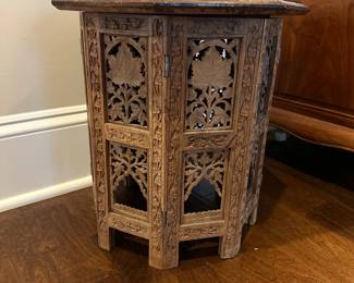 B29 - $225. Moroccan Style Table with Inlay. One lower panel is missing a chunk, otherwise good condition. 