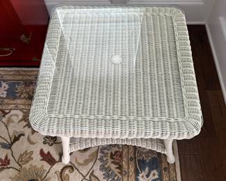 B22 - $60. Square Wicker Side Table with Glass Top. 