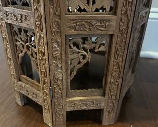 B29 - $225. Moroccan Style Table with Inlay. One lower panel is missing a chunk, otherwise good condition. 