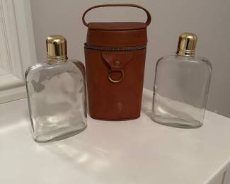 B75 - $20. 2 Vintage Glass Flasks with Leather Carry Case. 