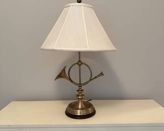B44 - $75. Vintage Brass Fox Hunting Horn Lamp. Measures 28” tall. 