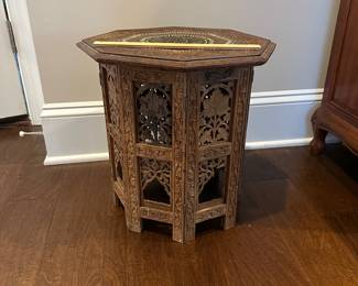 B29 - $225. Moroccan Style Table with Inlay. One lower panel is missing a chunk, otherwise good condition. 