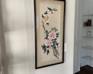 B35 - $75. Floral Painting on Silk. Measures 17" x 35" framed. 