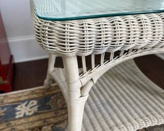 B22 - $60. Square Wicker Side Table with Glass Top. 