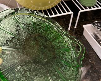 B56 - $35. Green Uranium Depression Glass Cake Plate. 