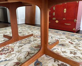 B12 - $600. Teak Dining Table with 2 leaves. Table is 42" round x 29.5" tall. 2 - 20" leaves included. 1 leaf needs refinishing (if you want - just a dark heat spot) 