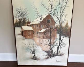 B33 - $75. LARGE painting signed “Morgen”. Measures 41” x 51.5”  Please check this will fit in your vehicle. 