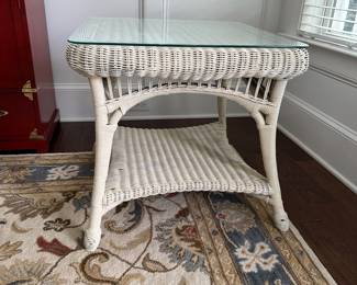 B22 - $60. Square Wicker Side Table with Glass Top. 