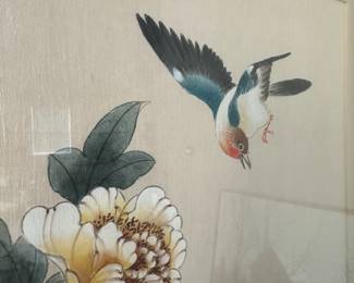 B35 - $75. Floral Painting on Silk. Measures 17" x 35" framed. 