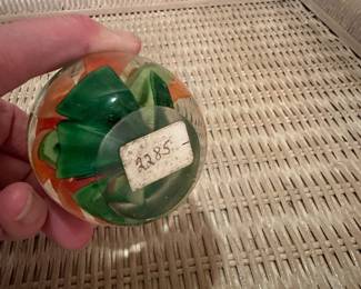 B72 - $20. Blown Glass Paperweight with Flower inside. 