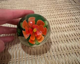 B72 - $20. Blown Glass Paperweight with Flower inside. 