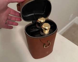 B75 - $20. 2 Vintage Glass Flasks with Leather Carry Case. 