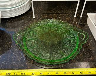 B56 - $35. Green Uranium Depression Glass Cake Plate. 