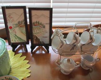 Hand painted Asian tiles, framed. 