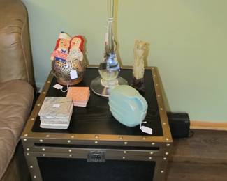 Travel Trunk Style End Table, VTG Frankoma Pitcher, VTG Handcarved Asian Figurine out of Soapstone