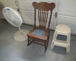 Stand up fan, Cosco step stool, Antique Asian Rocking Chair