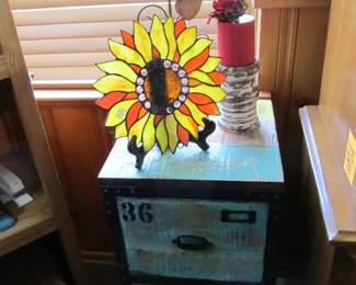 2-Drawer Reclaimed Wood/Metal Cabinet, Sunflower Stained glass flower
