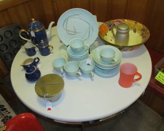 VTG. Fitz and Floyd Tea Set, VTG Diner Sugar Bowl, VTG GlasBake Coffee Mug, VTG. WWII Aluminum Pitcher