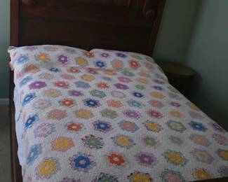 Victorian Eastlake Period Burled Wood Bed | Various Vintage Quilts
