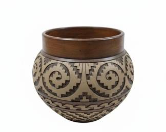 Carved Wooden Bowl with Geometric Design