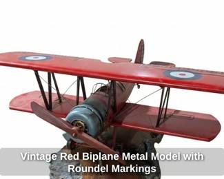 Vintage Red Biplane Metal Model with Roundel Markings second image