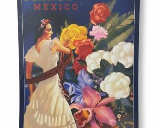 Veracruz Mexico Senorita with Flowers Vintage Travel Poster