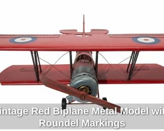 Vintage Red Biplane Metal Model with Roundel Markings
