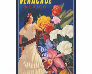 Veracruz Mexico Vintage Travel Poster  Senorita with Flowers