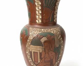 Large Folk Art Ceramic Vase with Embossed Geometric and Village Scenes  Possibly Mexican or Southwestern