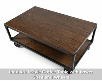 Industrial Style Coffee Table with Lower Shelf and Wheels