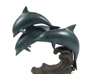 Bronze Sculpture of Three Dolphins on a Wave Base
