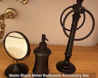 Matte Black Metal Bathroom Accessory Set with Swivel Mirror, Soap Dispenser, and Towel Ring