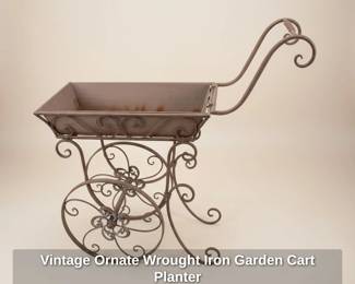 Vintage Ornate Wrought Iron Garden Cart Planter second image