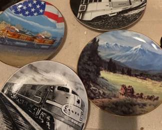 Collection of Four Decorative Train Plates  Burlington Zephyr, Santa Fe, and others