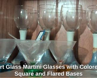 Art Glass Martini Glasses with Colored Square and Flared Bases