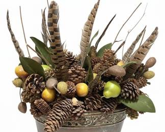 Rustic Fall Centerpiece with Pinecones, Faux Pears, and Pheasant Feathers in Embossed Metal Planter