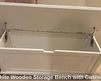 White Wooden Storage Bench with Cushion third image