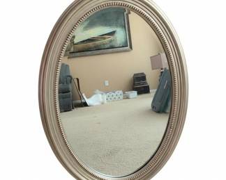 Oval Mirror with Beaded Frame in Metallic Silver Finish