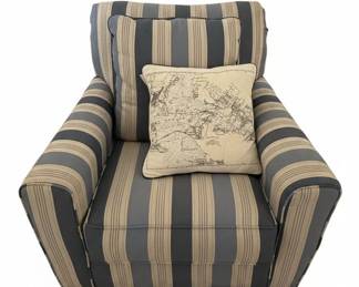 Ethan Allen Blue and White Striped Upholstered Rolled Arm Accent Chair