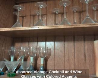 Assorted Vintage Cocktail and Wine Glasses with Colored Accents