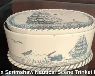 Faux Scrimshaw Nautical Scene Trinket Box