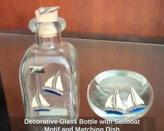 Decorative Glass Bottle with Sailboat Motif and Matching Dish