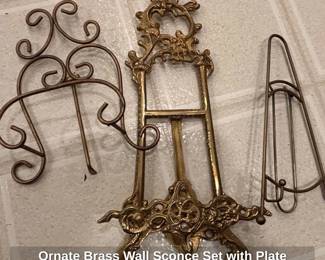 Ornate Brass Wall Sconce Set with Plate Rack