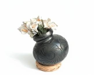 Mata Ortiz Blackware Pottery Vase with Incised Geometric Designs