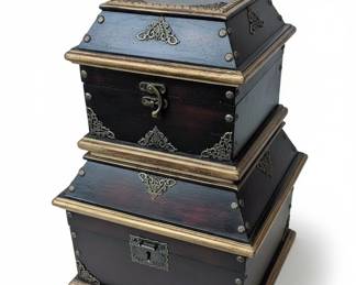 Decorative Stackable Storage Chests with Ornate Metal Embellishments