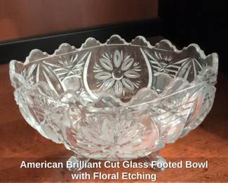American Brilliant Cut Glass Footed Bowl with Floral Etching