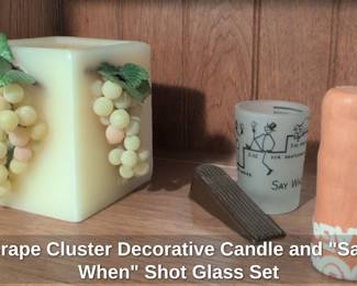 Grape Cluster Decorative Candle and Say When Shot Glass Set