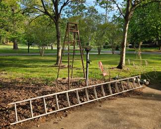 Extension ladder and A-frame wooden ladder