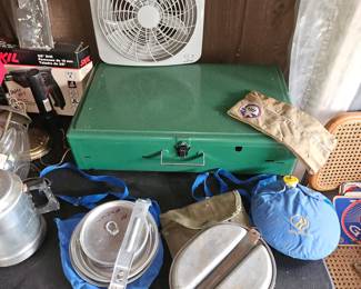 Vintage Coleman Camping stove and Girl Scout camping equipment